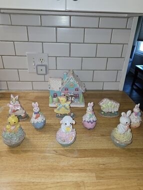 Pastel Easter Bunny & Lamb Figurine Set with Decorative Cottage
